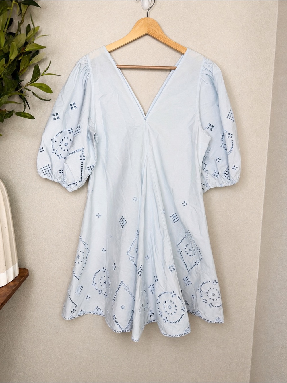 GANNI Broderie Anglaise Dress Size 36 US 4 Blue Organic Cotton Eyelet Puff Sleev